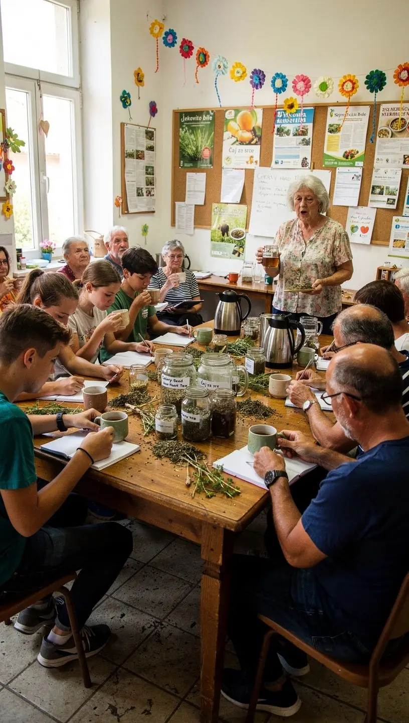 Biljni čaj od sjemenki celera s aromatičnim začinima na stolu.