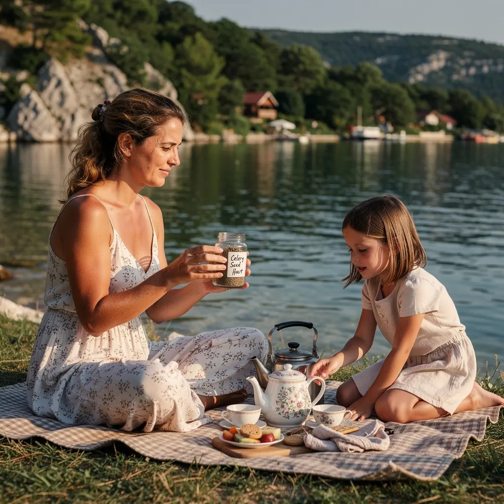 Čaj od sjemenki celera u šalici na drvenom stolu.