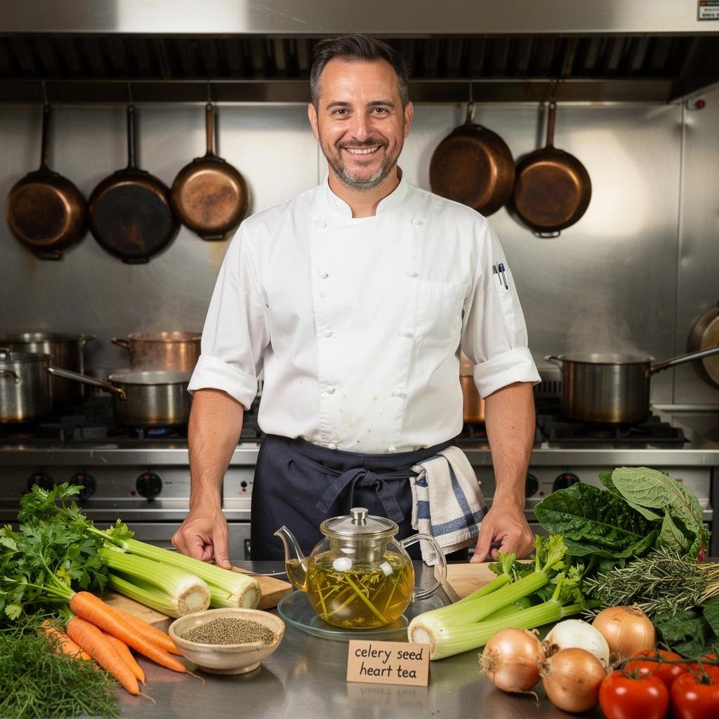 Čaj od sjemenki celera u staklenoj šalici na drvenom stolu.